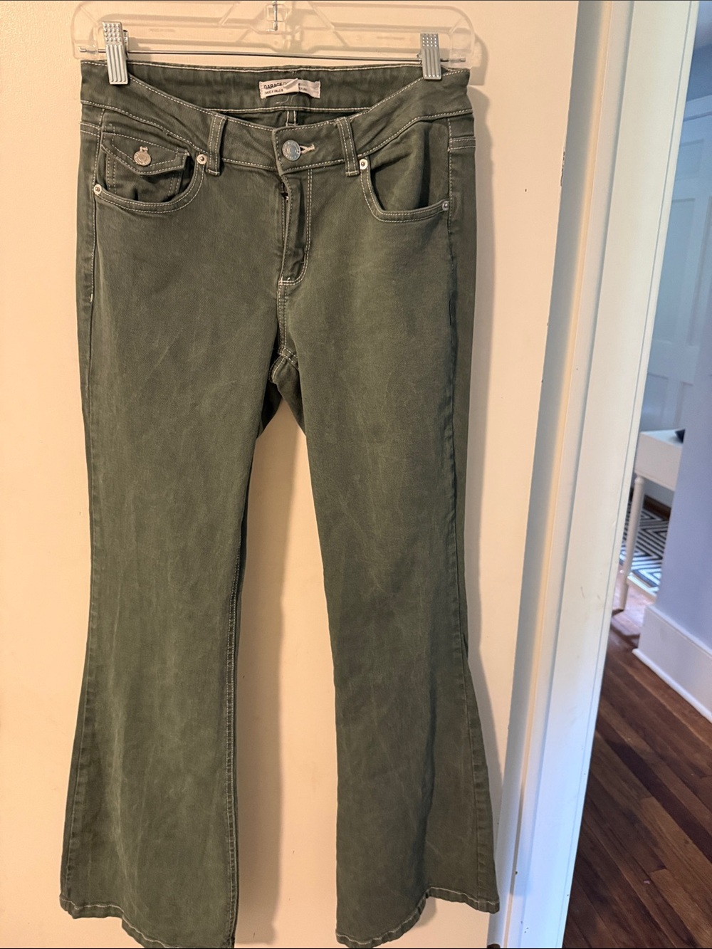 Women's Olive Green Flare Jeans — Slim Through Hip, Wide Leg Hem 98% COTTON